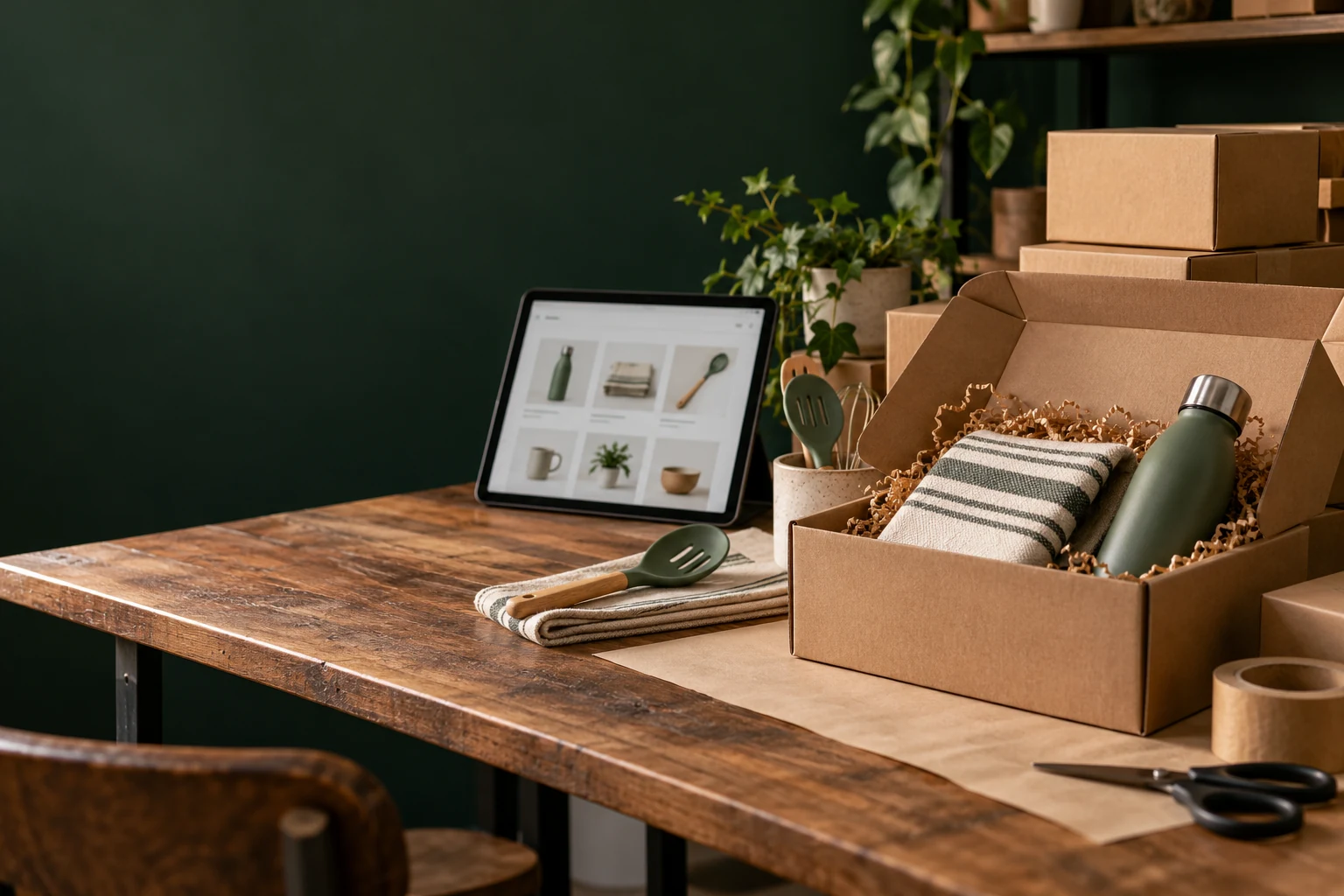 Online retail products, a tablet product grid and carefully packed shipping boxes