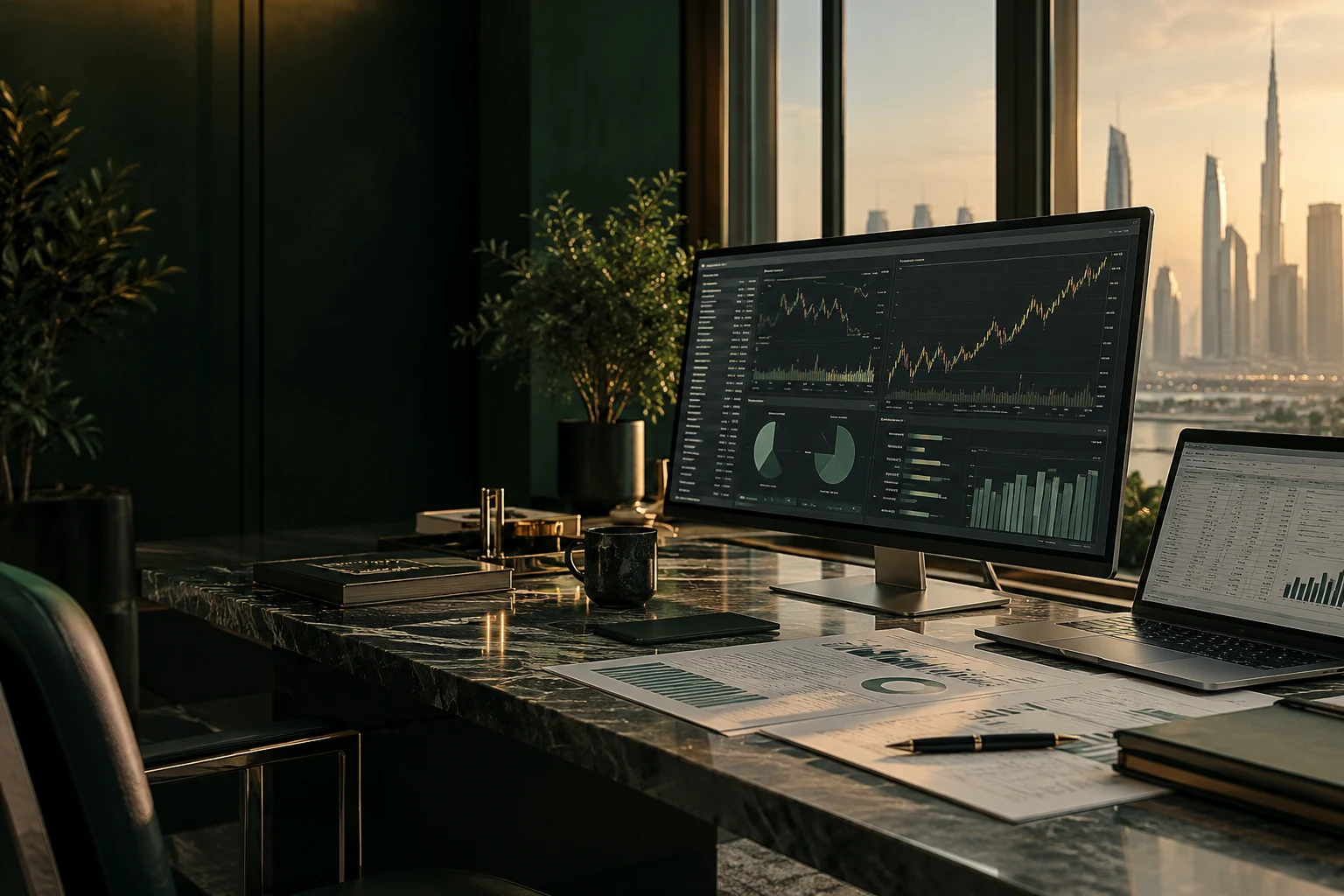 Financial analysis and business research in a contemporary Dubai setting