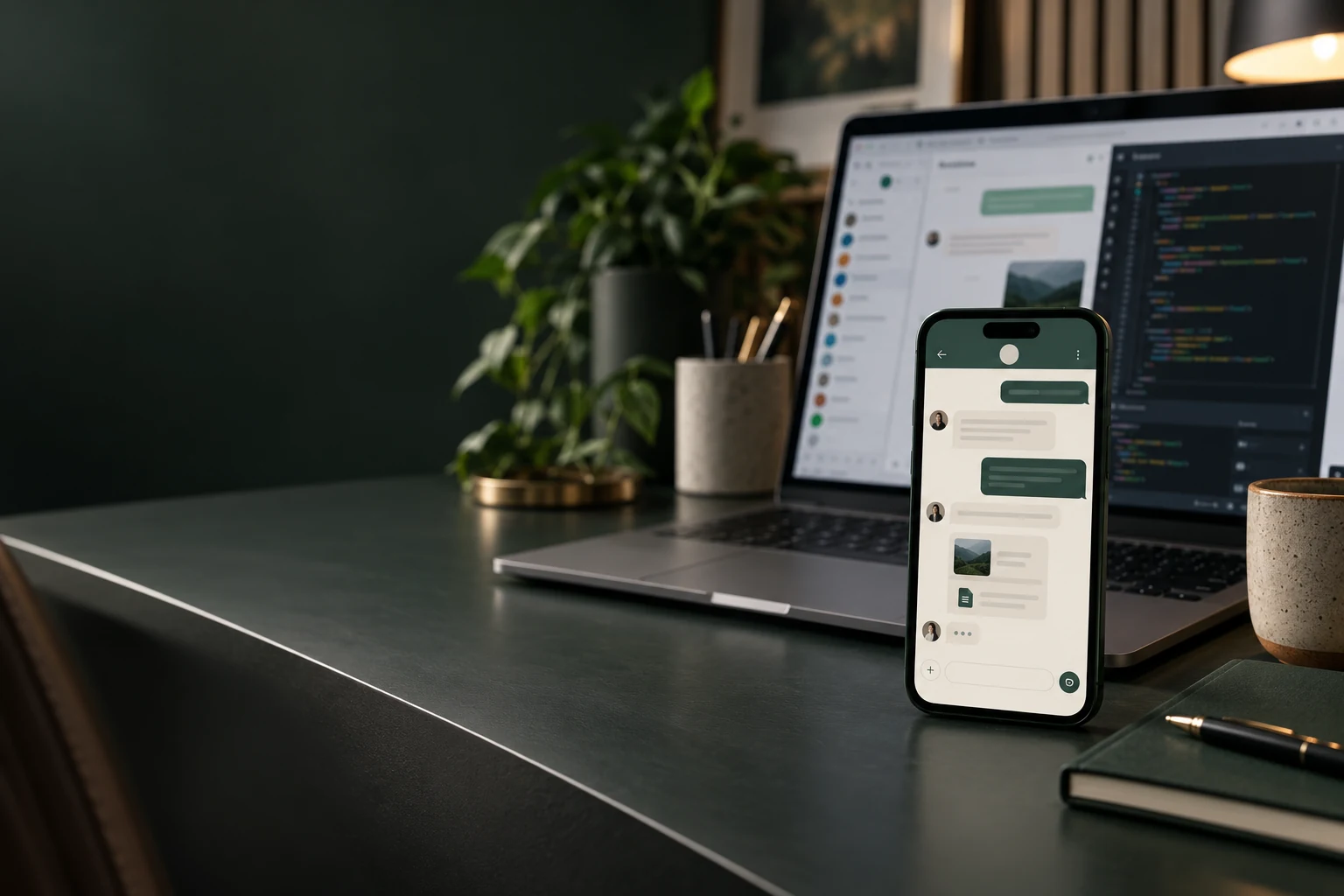 A smartphone business conversation alongside messaging software on a laptop